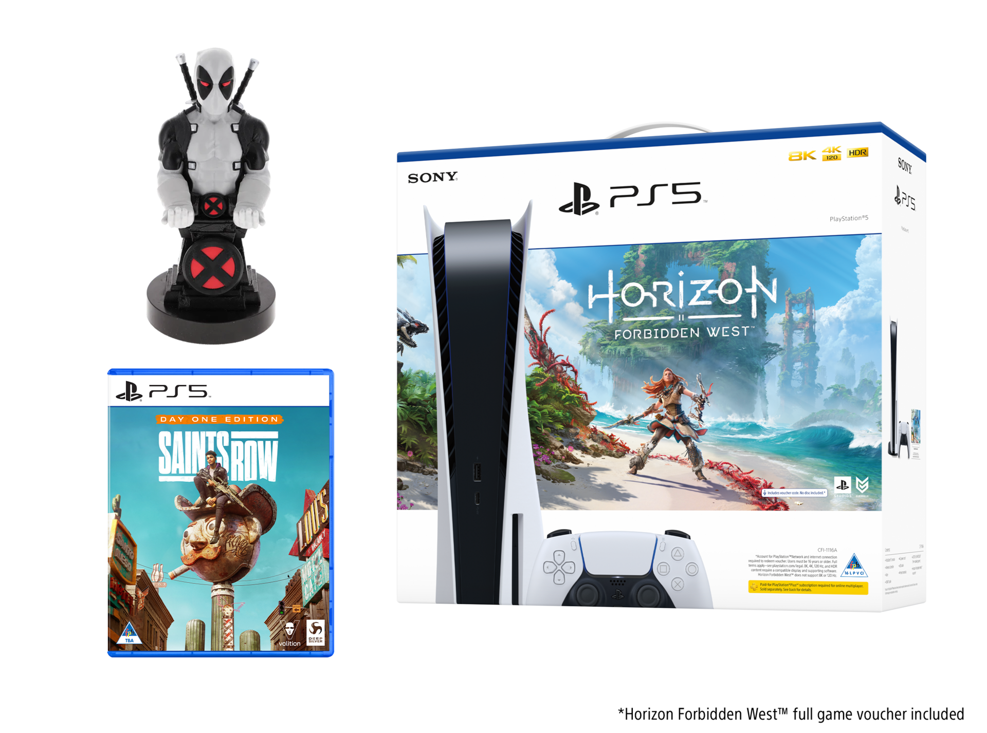 PS5 Disc Edition With Horizon Forbidden West, Saints Row, DeadpoolX Cable Guy PS5 Disc Edition With Horizon Forbidden West, Saints Row, DeadpoolX Cable Guy
